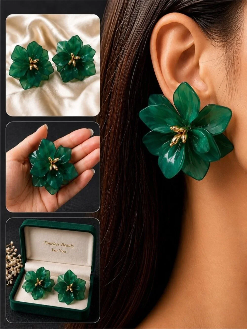 Emerald Green Floral Statement Earrings